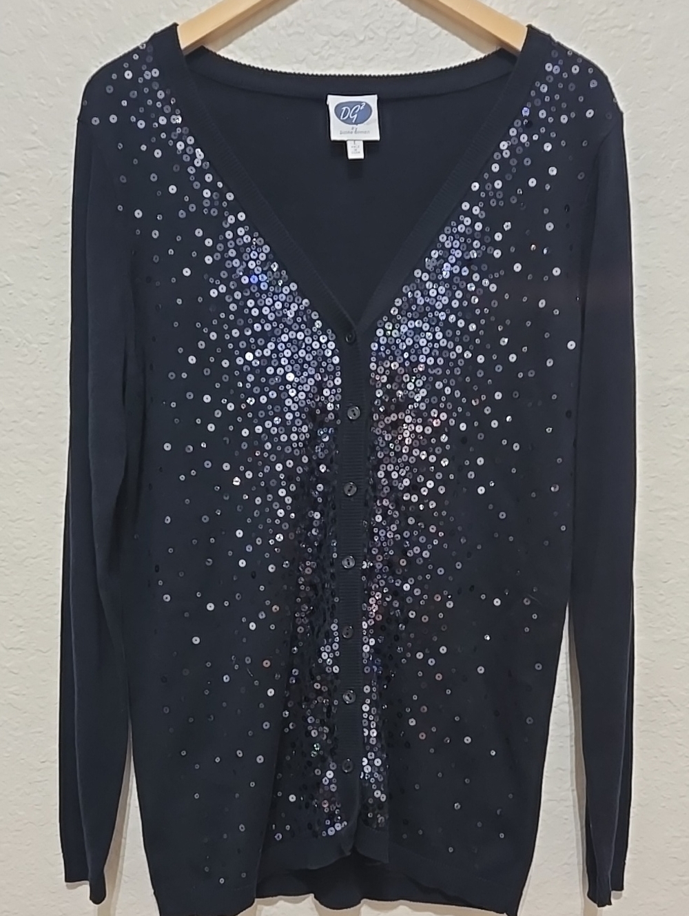 DG2 By Diane Gilman Navy Sequin V-Neck Cardigan  Sparkle Button-Front Top